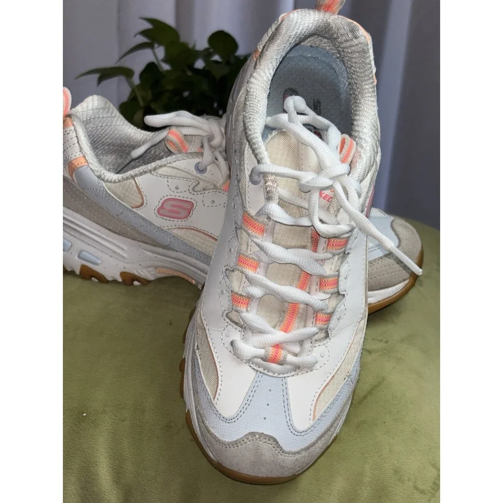 SKECHERS D'Lites Women's Memory Foam Sneaker White Peach Gray SN 149589